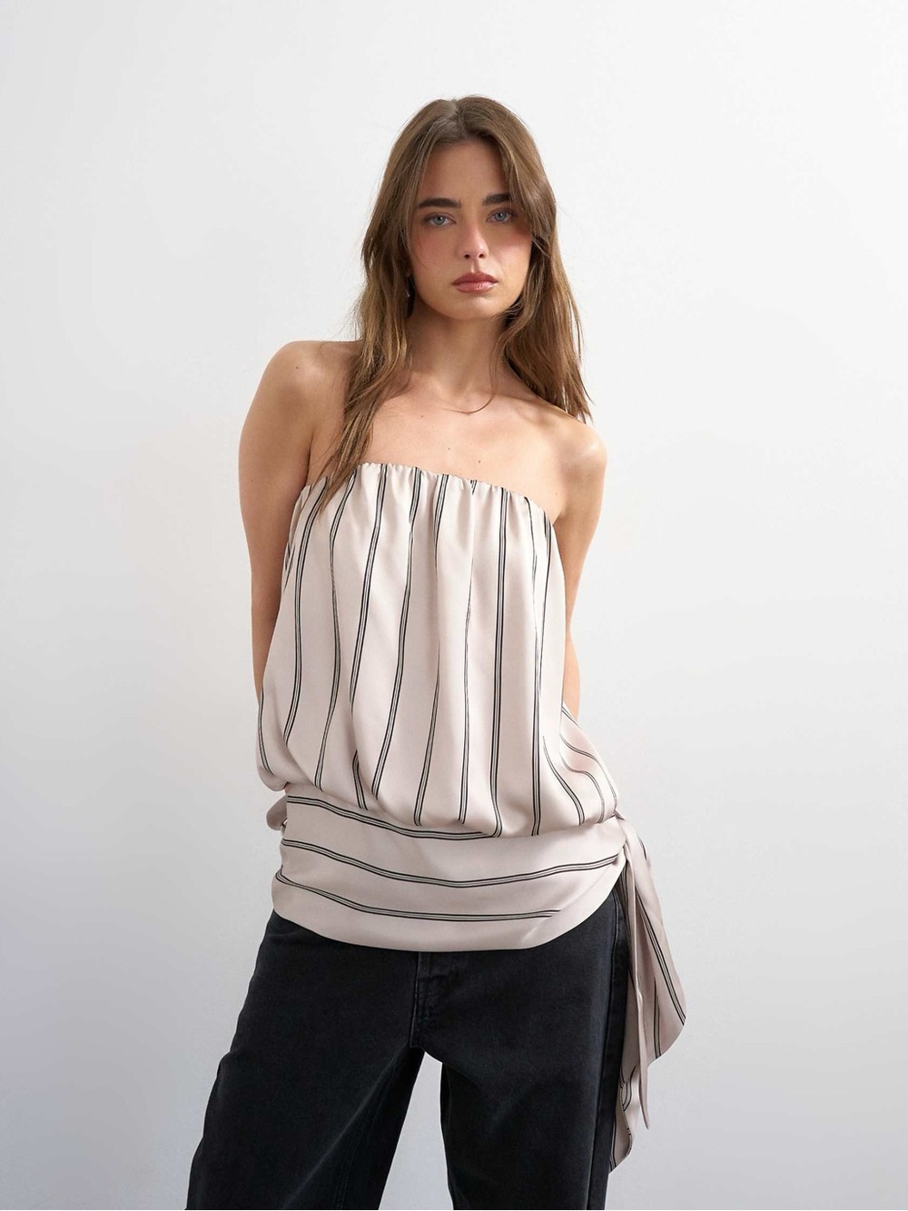 ASOS / Topshop Strapless Bandeau Bubble Blouson Stripe Top in Beige and Black